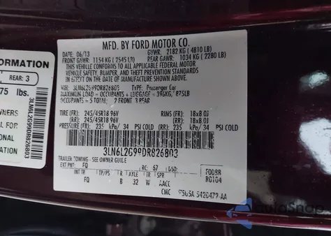 2013 Lincoln Mkz из США, поврежденный, VIN 3LN6L2G99DR826803